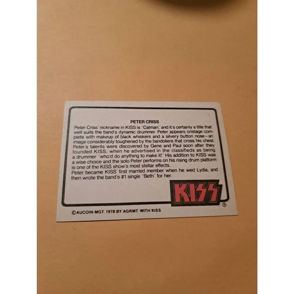 Vintage 1978 Aucoin Management AGRMT KISS Trading Card No 42 Collectible Rock
